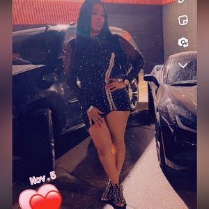 Beautiful, black, elegant, pearl dress with sheer sleeves, zipper with back out